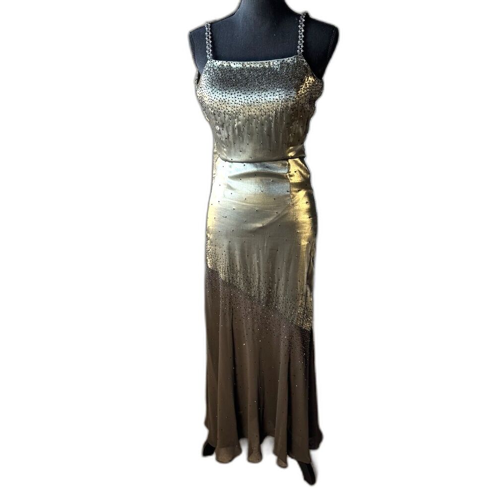 Size 2 Y2K Vintage Cache green metallic beaded dress sheer skirt (10504)